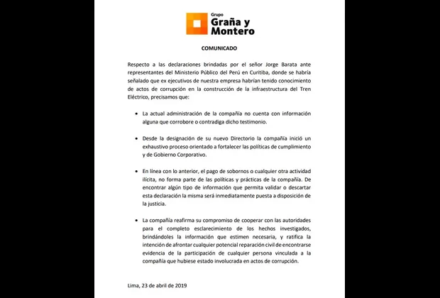 Odebrecht: GyM afirma que afrontará reparación civil de comprobarse ilícitos