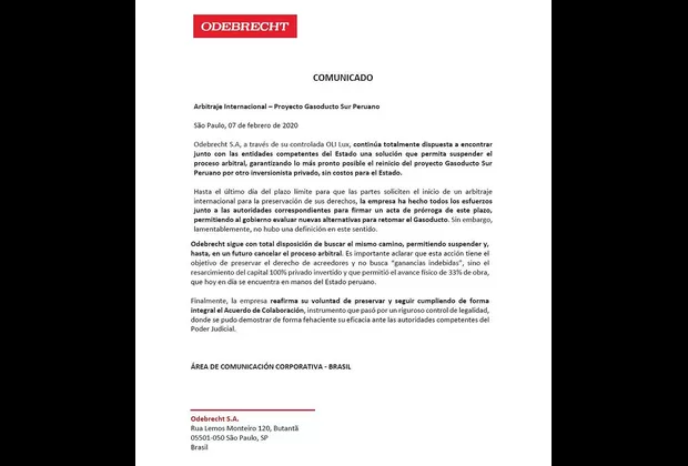 Odebrecht no descartó suspender o cancelar demanda contra Estado peruano