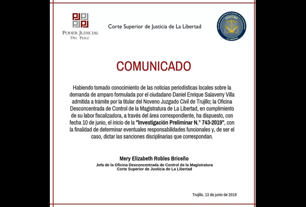 Odecma de La Libertad abrió proceso a jueza que admitió a trámite recurso de Salaverry