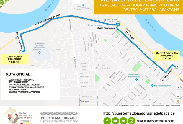 Papa Francisco: esta es la ruta oficial del santo padre en Puerto Maldonado