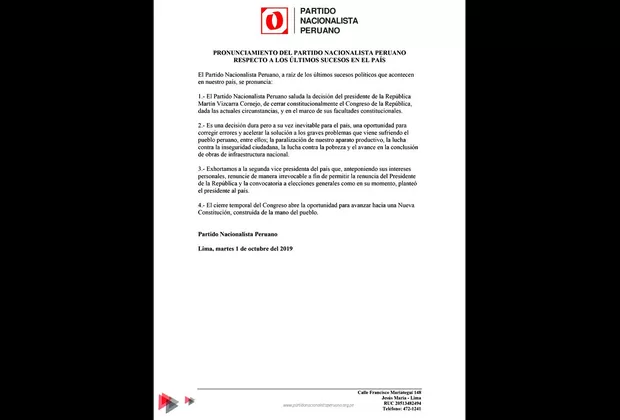 Partido Nacionalista respalda disolución del Congreso: La decisión era inevitable