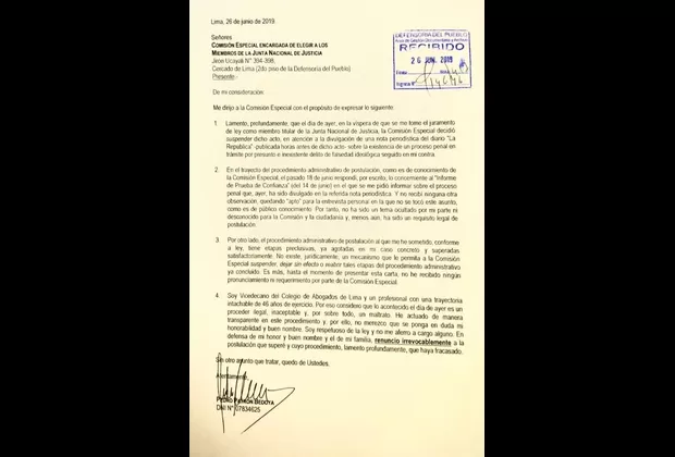 JNJ: Pedro Patrón Bedoya renunció irrevocablemente a su postulación