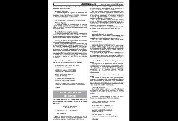 Gobierno declaró jornada no laborable para el sector público este martes