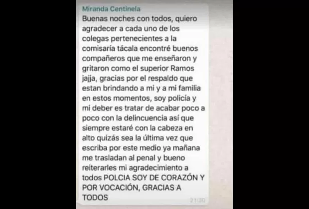 Policía detenido por abatir a presunto delincuente envía mensaje antes de ser recluido