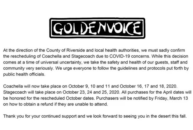 Posponen el festival Coachella hasta octubre por el avance del coronavirus