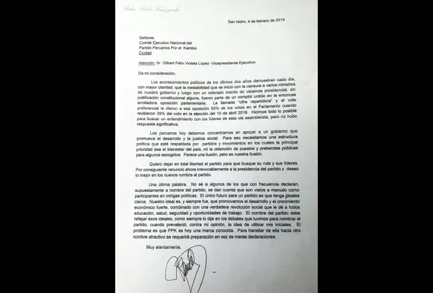 PPK renunció a la presidencia del partido Peruanos por el Kambio