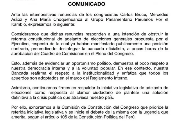 PpK: Renuncias de Aráoz, Bruce y Choquehuanca buscan obstruir adelanto de elecciones
