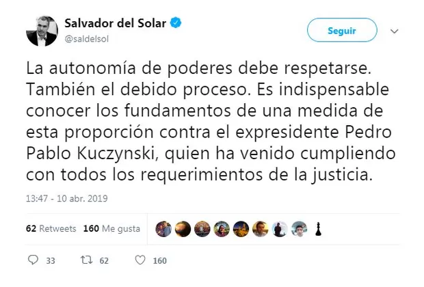 PPK: Del Solar pide conocer fundamentos de detención y respetar debido proceso