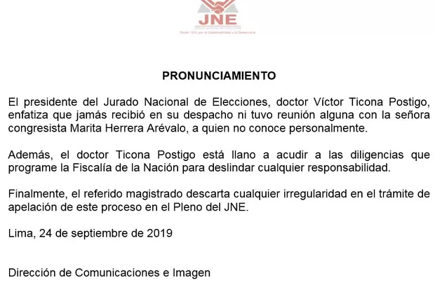 Presidente del JNE niega reuniones con la congresista Marita Herrera