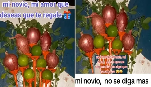 Joven emocionó a su pareja con ramo de cebollas y limones  / TikTok: @10lucecita