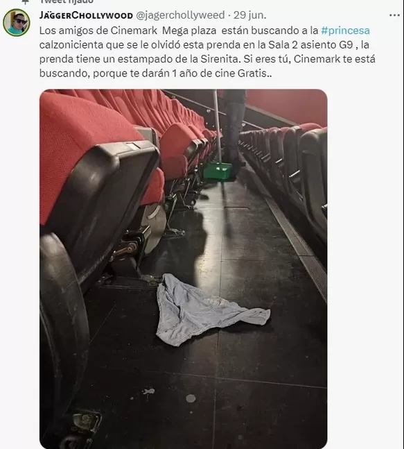 ¡En busca de ‘Calzonicienta’! Olvidan trusa en sala de cine y foto se hace viral 