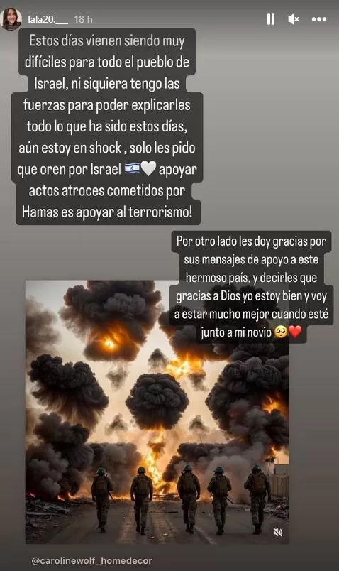 Influencer peruana vive momentos de incertidumbre en Israel / Fuente: Instagram