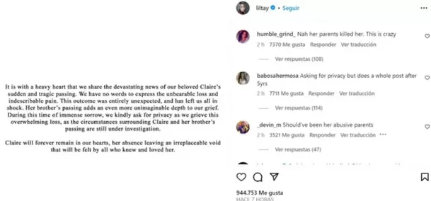 Post eliminado de falsa muerte de Lil Tay / Instagram Post eliminado de falsa muerte de Lil Tay / Instagram