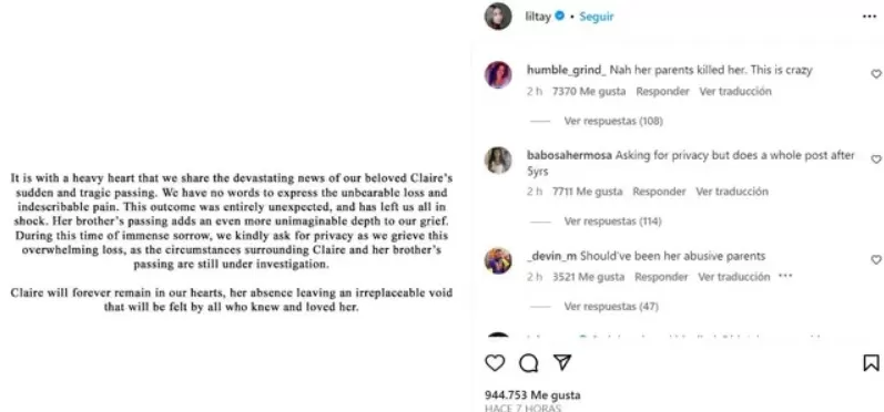 Post eliminado de falsa muerte de Lil Tay / Instagram