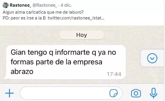 Gianfranco fue despedido con un escueto mensaje en WhatsApp 