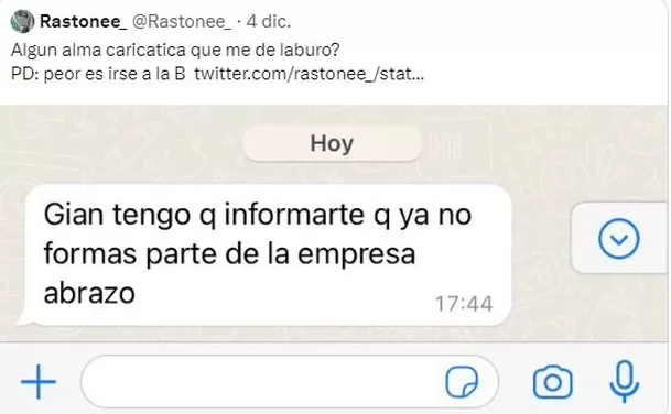 Gianfranco fue despedido con un escueto mensaje en WhatsApp 