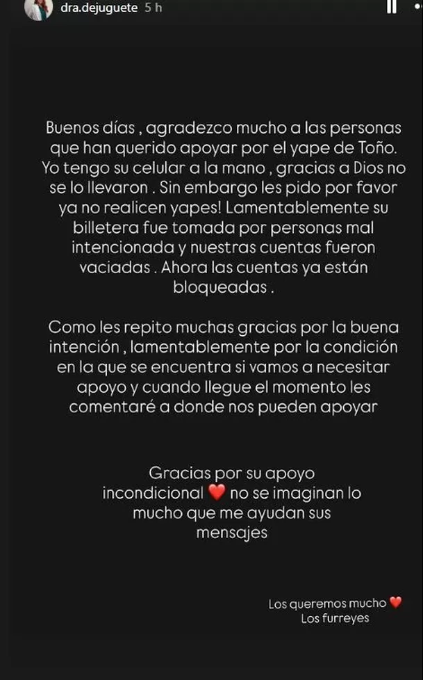 Comunicado de la esposa de Furrey tras el accidente / Instagram