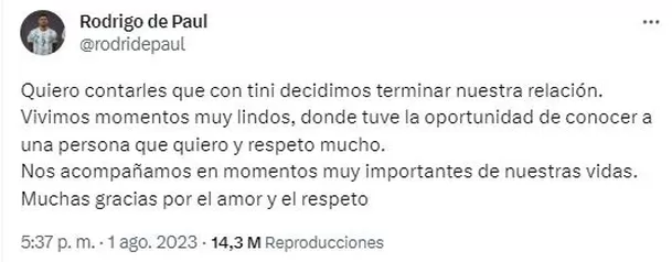 Rodrigo de Paul anunció el fin de su relación con Tini / Fuente: Twitter 