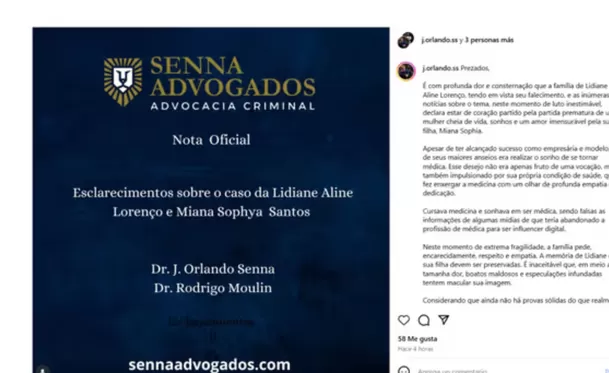 Comunicado sobre la muerte de la influencer Lidiane Aline Lourenço / Instagram Comunicado sobre la muerte de la influencer Lidiane Aline Lourenço / Instagram