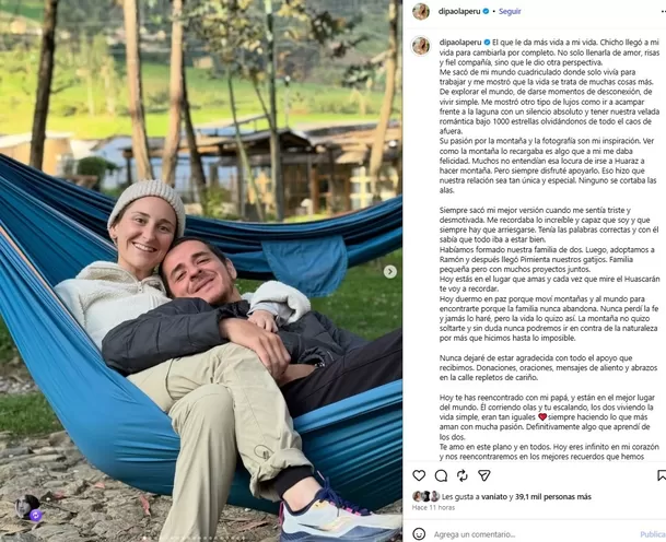 Paola Chiappina, pareja de Alejandro “Chicho” Ugarte, compartió un emotivo mensaje tras semanas de angustia por su desaparición en el Huascarán. Recordó su historia de amor, la familia que construyeron y su pasión por la montaña Video: Instagram @dipaolaperu Paola Chiappina, pareja de Alejandro “Chicho” Ugarte, compartió un emotivo mensaje tras semanas de angustia por su desaparición en el Huascarán. Recordó su historia de amor, la familia que construyeron y su pasión por la montaña Video: Instagram @dipaolaperu