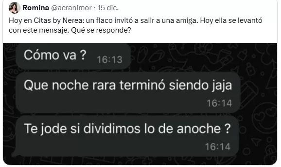 Romina mostró el mensaje que recibió su amiga tras una cita / X