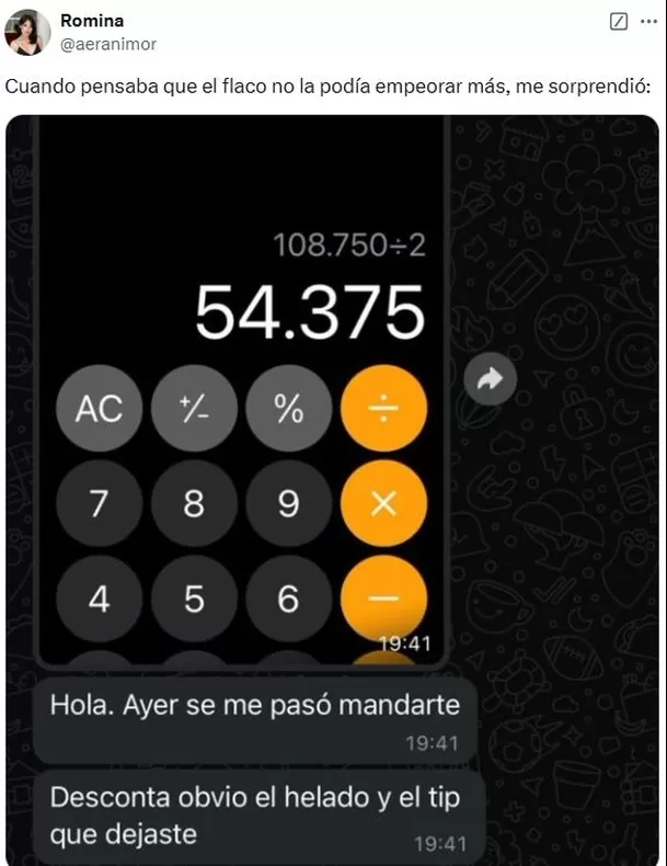 El joven de la cita le pidió la mitad de la cuenta / X