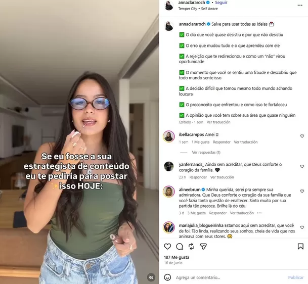 Luto en redes: creadora de contenido pierde la vida a los 27 años. Foto: IG @annaclararoch