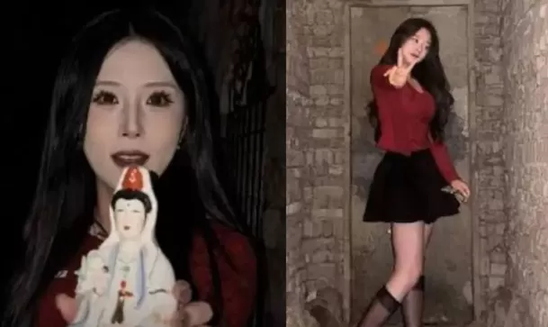 Influencer Jiang Xiaorou  generó polémica en 2025 cuando rompió una estatua religiosa / Captura