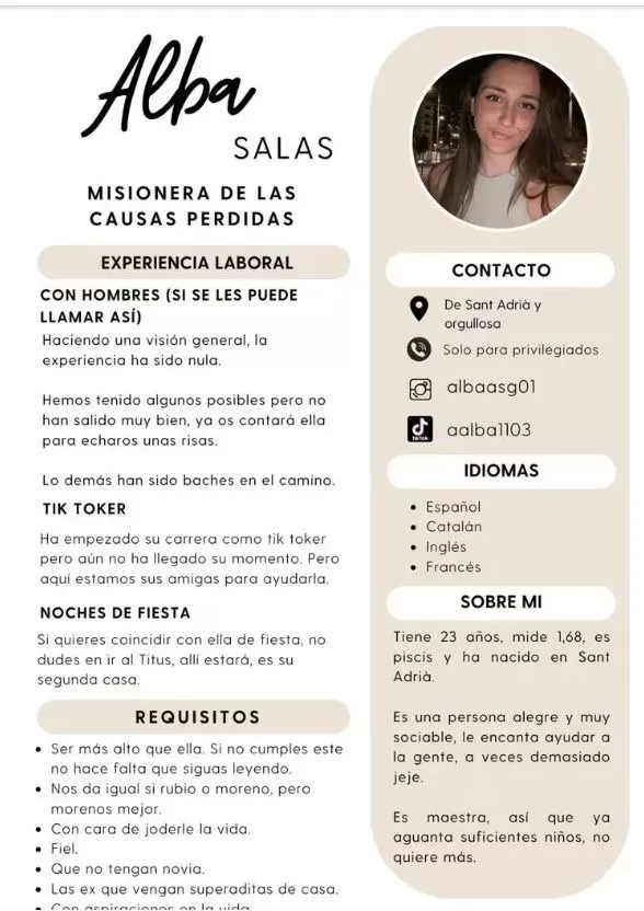 Jóvenes le crearon "cv de soltera" a su amiga para plataforma de citas / TikTok: @aalba1103