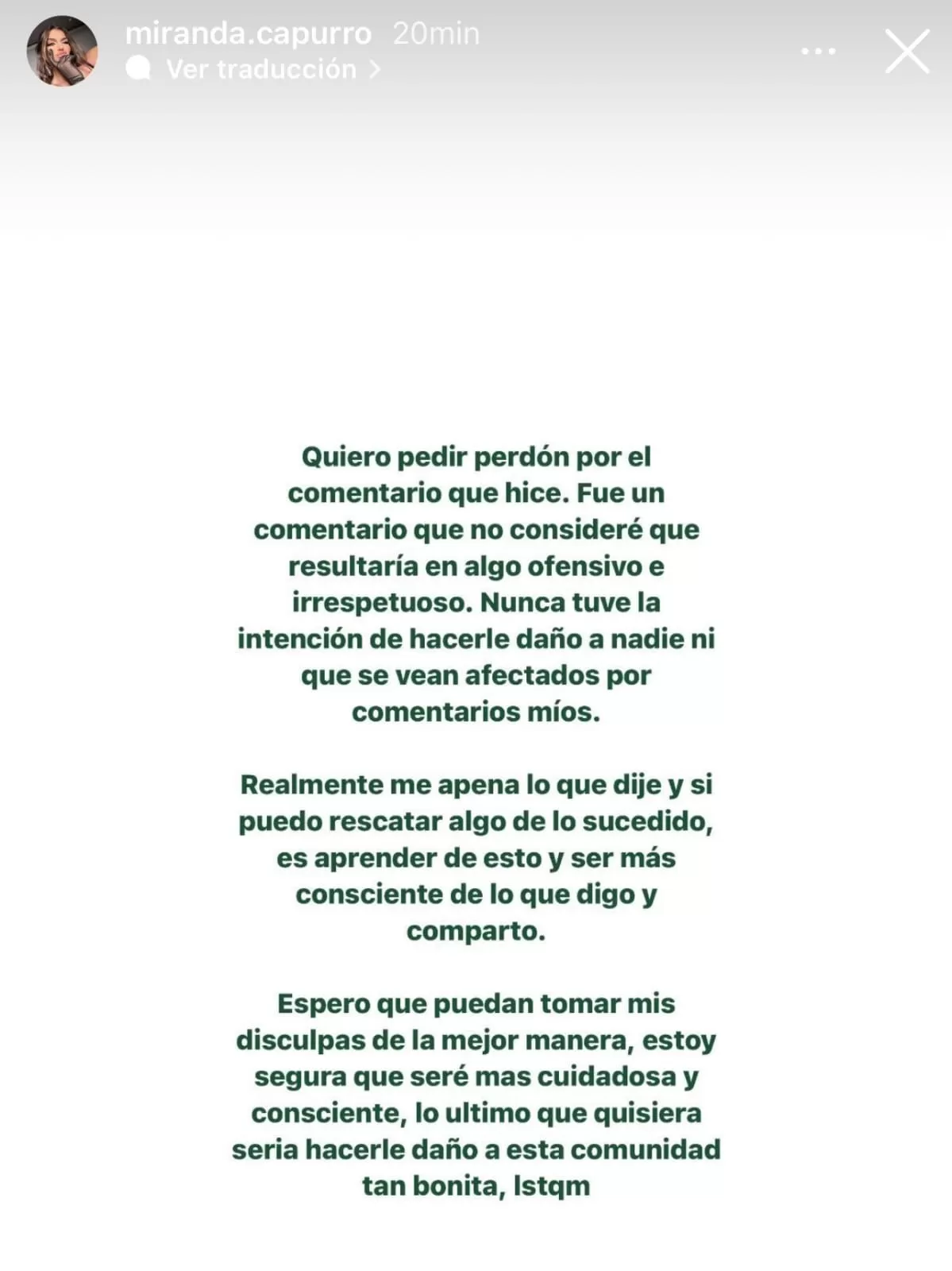 Disculpas de Miranda Capurro tras polémica publicación. Fuente: Instagram