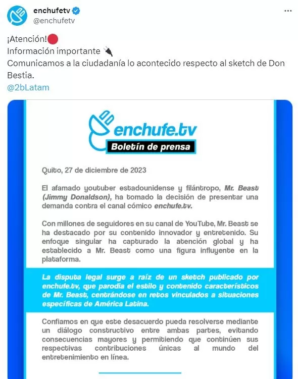 Mr. Beast demandó a Enchufe.tv 