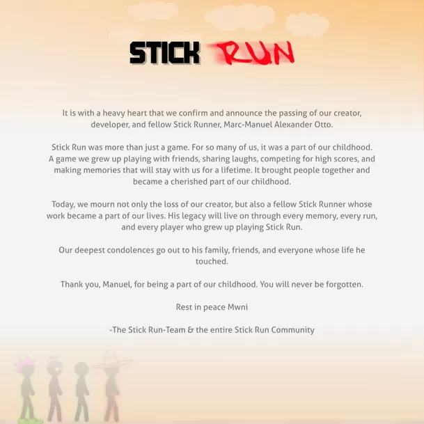 Comunicado de ‘Stick Run’ tras la muerte de su creador, el influencer alemán Manuel Otto / IG: @stickrun Comunicado de ‘Stick Run’ tras la muerte de su creador, el influencer alemán Manuel Otto / IG: @stickrun