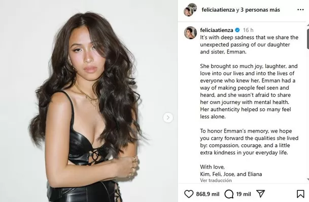La mamá de la influencer Emman Atienza se despidió de la joven con emotivo mensaje / Instagram La mamá de la influencer Emman Atienza se despidió de la joven con emotivo mensaje / Instagram