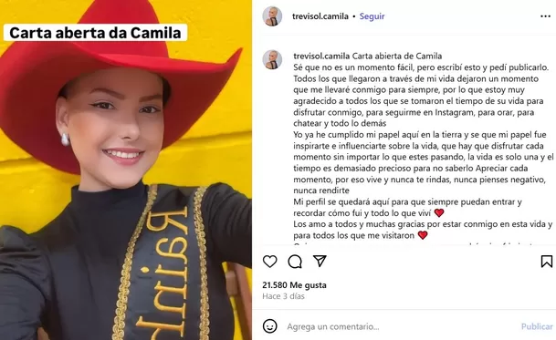 La carta de despedida de la influencer brasileña Camila Trevisol / Instagram