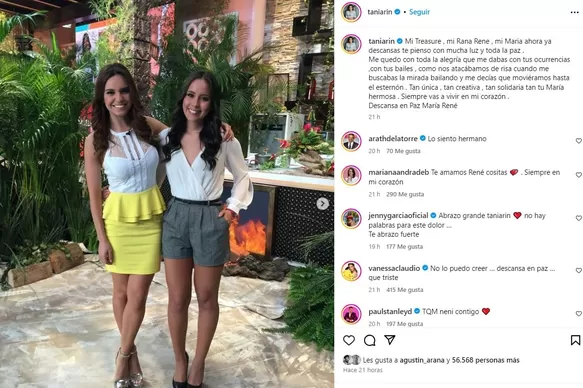 Conductora Tania Rincón manifestó su dolor por la muerte de María Renée / Instagram