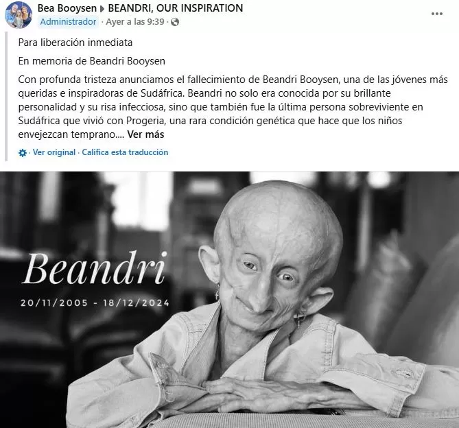 Madre de Beandri Booysen anunció la muerte de la influencer con sentido mensaje / Facebook