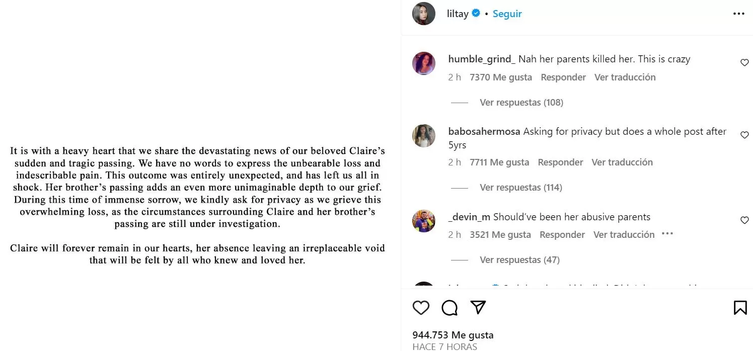 Comunicado sobre la muerte de Lil Tay / Instagram 