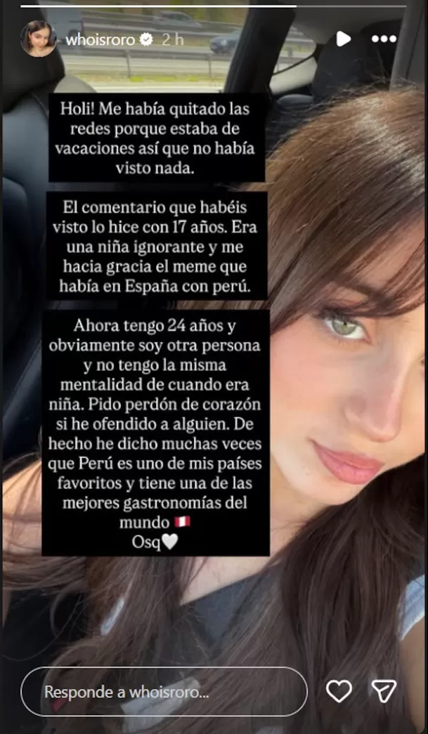 La creadora de contenido española publicó un mensaje luego de que resurgiera una antigua respuesta en Instagram que fue interpretada por muchos usuarios como un comentario ofensivo hacia los peruanos. Foto: IG @whoisroro La creadora de contenido española publicó un mensaje luego de que resurgiera una antigua respuesta en Instagram que fue interpretada por muchos usuarios como un comentario ofensivo hacia los peruanos. Foto: IG @whoisroro