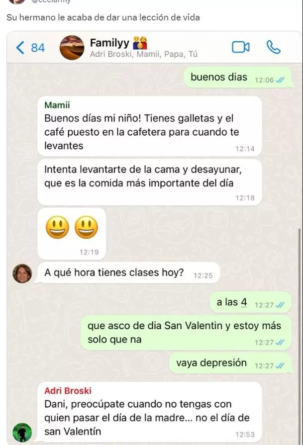 La tremenda respuesta de un joven a su hermano por quejarse de estar solo en San Valentín / X @ceciarmy