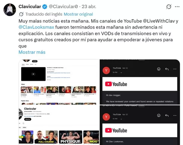 La reacción del influencer Clavicular ante la decisión de Youtube / X