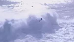 YouTube viral: Gigantesca ola &#039;devora&#039; a dos personas en un campeonato de surf en Portugal. Foto: Captura/Video: RT