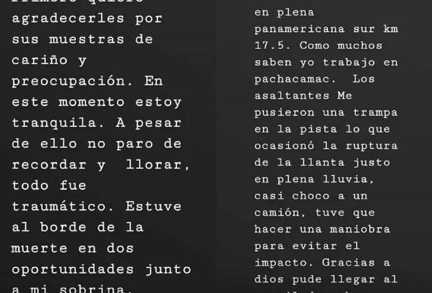 Rosángela Espinoza se pronunció así tras el asalto que sufrió junto a su sobrina