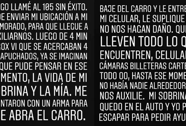 Rosángela Espinoza se pronunció así tras el asalto que sufrió junto a su sobrina