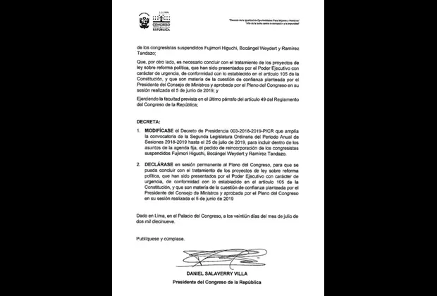 Salaverry incluye en agenda del Pleno reincorporación de Kenji Fujimori, Bocángel y Ramírez