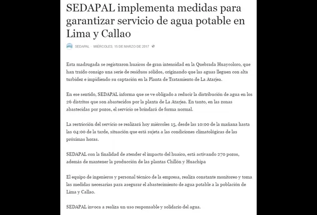 Sedapal: Agua potable en Lima y Callao se restablecerá progresivamente