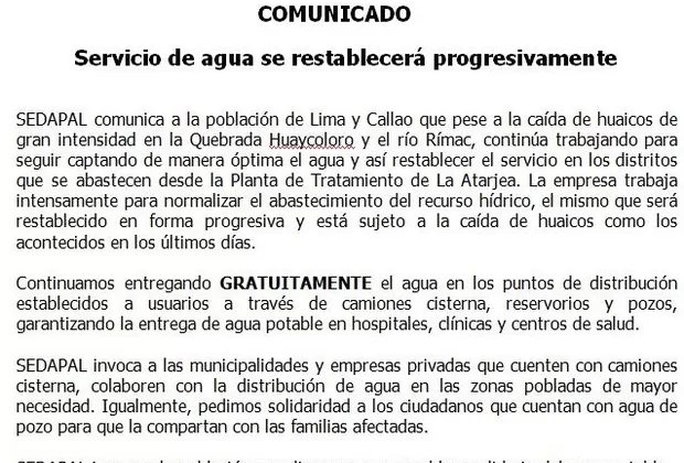 Sedapal: Agua potable en Lima y Callao se restablecerá progresivamente