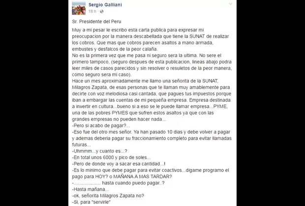 Sergio Galliani publicó extenso mensaje a PPK por este motivo