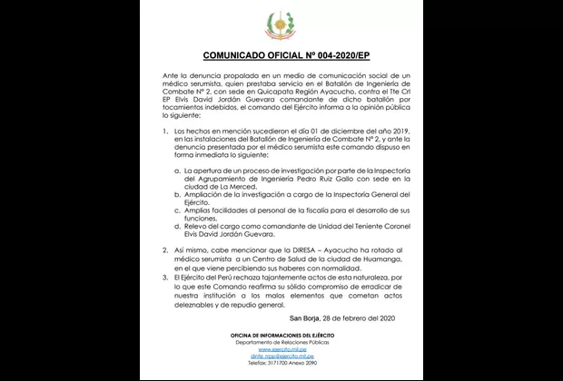 Serumista denunció a comandante del Ejército por tocamientos indebidos