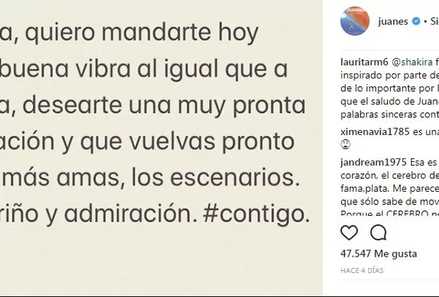 Juanes le dedica reconfortante mensaje a Shakira