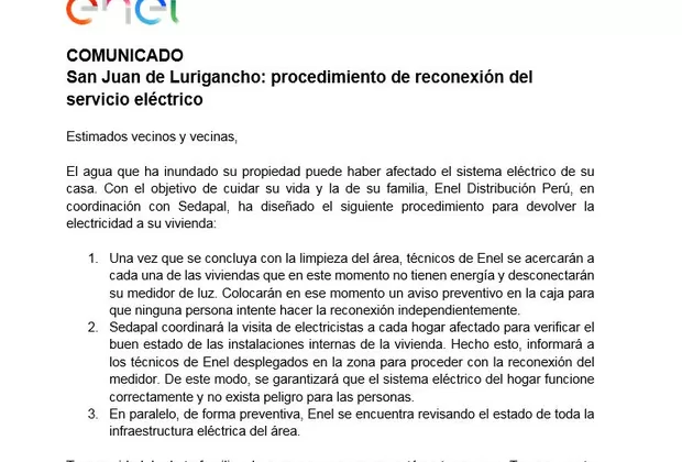 SJL: así será la reconexión del servicio eléctrico tras emergencia por aniego